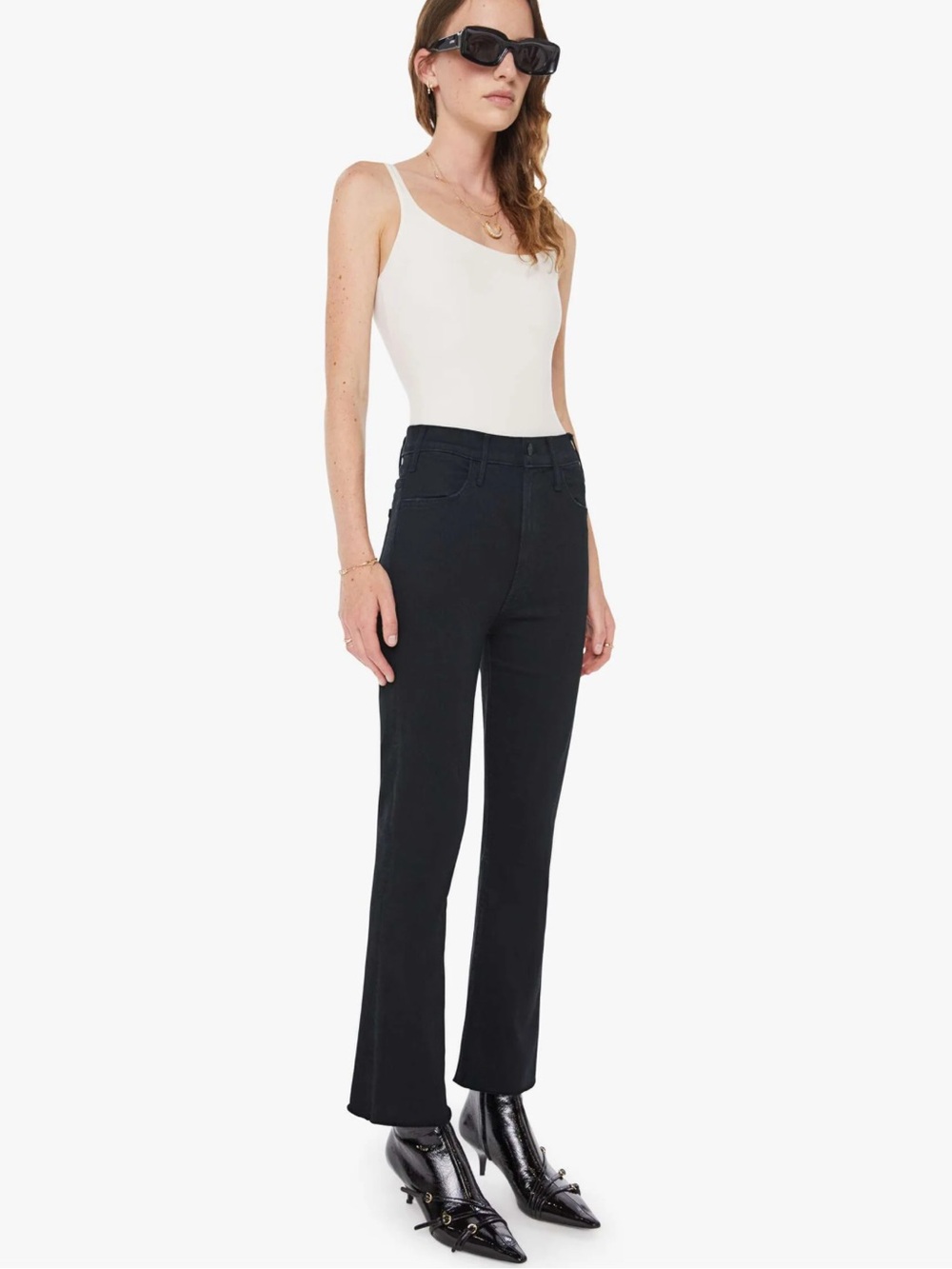 MOTHER The Hustler Ankle Fray Not Guilty Black Crop Straight Leg Jeans